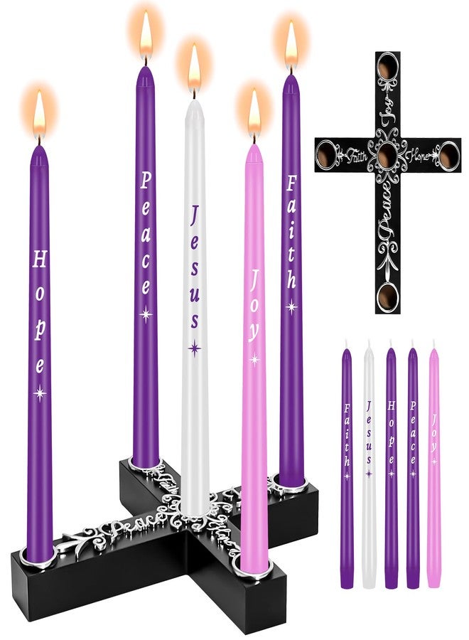 RGQSUN 5PCS Christmas Advent Candles and Nativity Candle Holder,Colored Taper Candles Set with Wood Cross & Celtic Knot Candlestick,Religious Christmas Gift for Home Church Fireplace Centerpiece Decor - Image 1